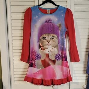Girls' Red Long-Sleeve Nightgown with Kitten Graphic